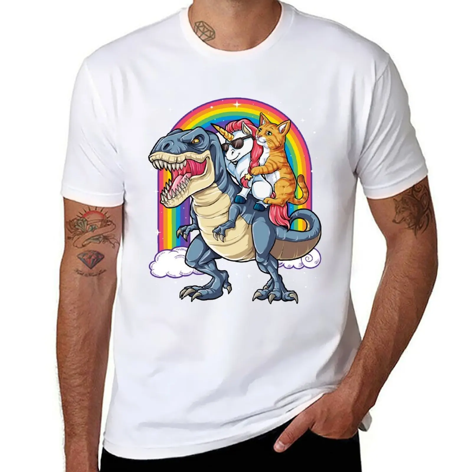 

Cat Unicorn Dinosaur T-rex Kitty Kitten Rainbow T-Shirt funny t shirts man t shirts for man pack cotton