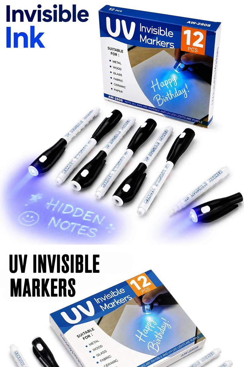 12 Stück UV-Licht unsichtbare Marker, verschwindende Tinte, Schreibstift, verstecktes Notizwerkzeug, Kunst, Kreation, DIY, Basteln, universelles Bürobedarf – Detail 1