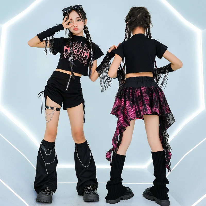 Fashion Girls Kpop Jazz Dance Costume Black Tassel Tops Hip Hop Shorts Skirt Outfits Kids Performance Clothes Concert Stage Wear