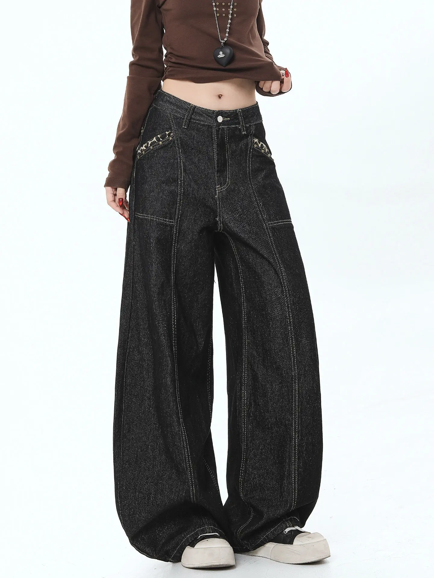 

Ele Cross Stitched Knife Denim Jeans Women's High Waist Slimming Drapey Floor Length Pants Casual Sle hine Embr...