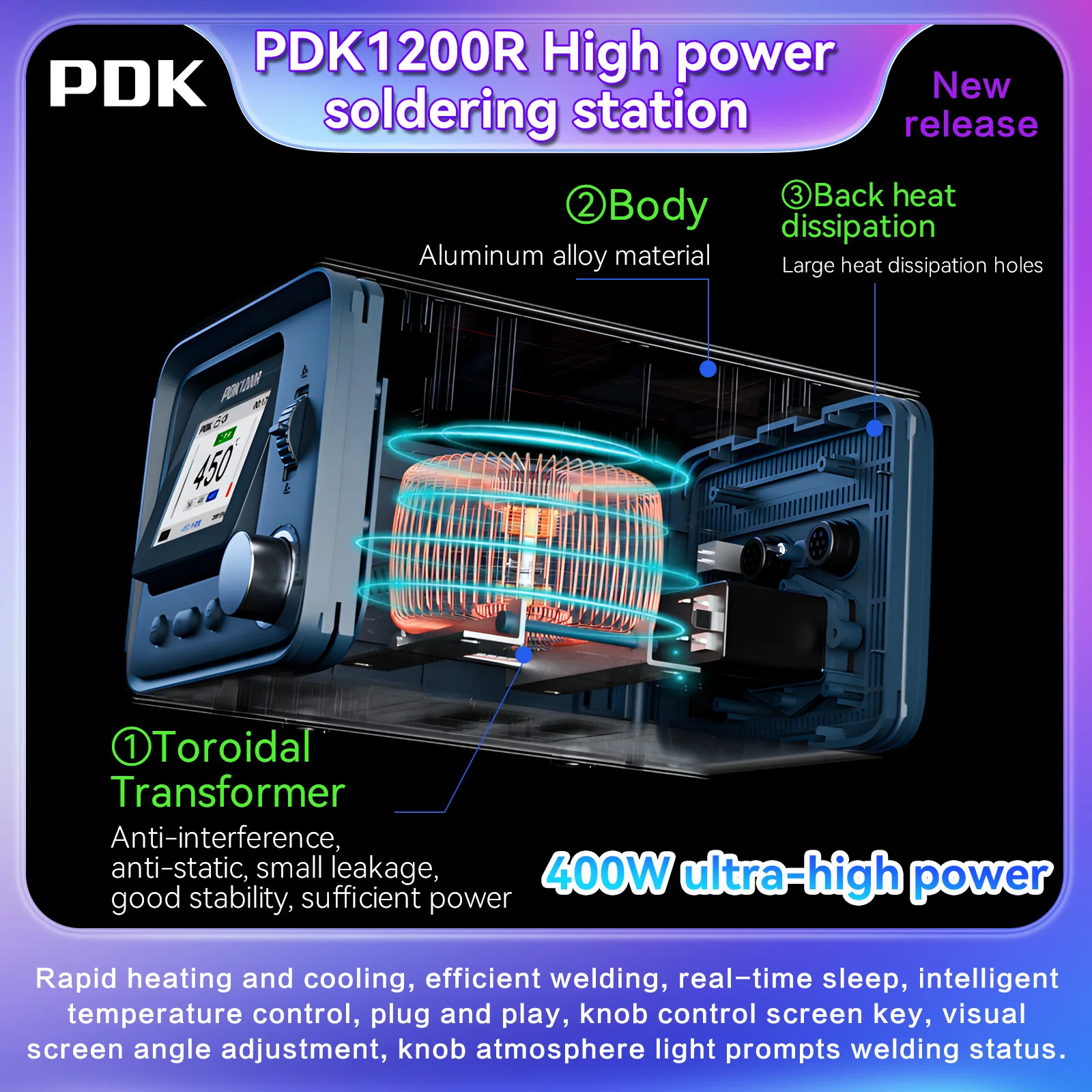 PDK 1200R Efficient Heating 400W High Power Soldering Station with C470 Handle Iron Tips for Large Welding Joints Repair Tool