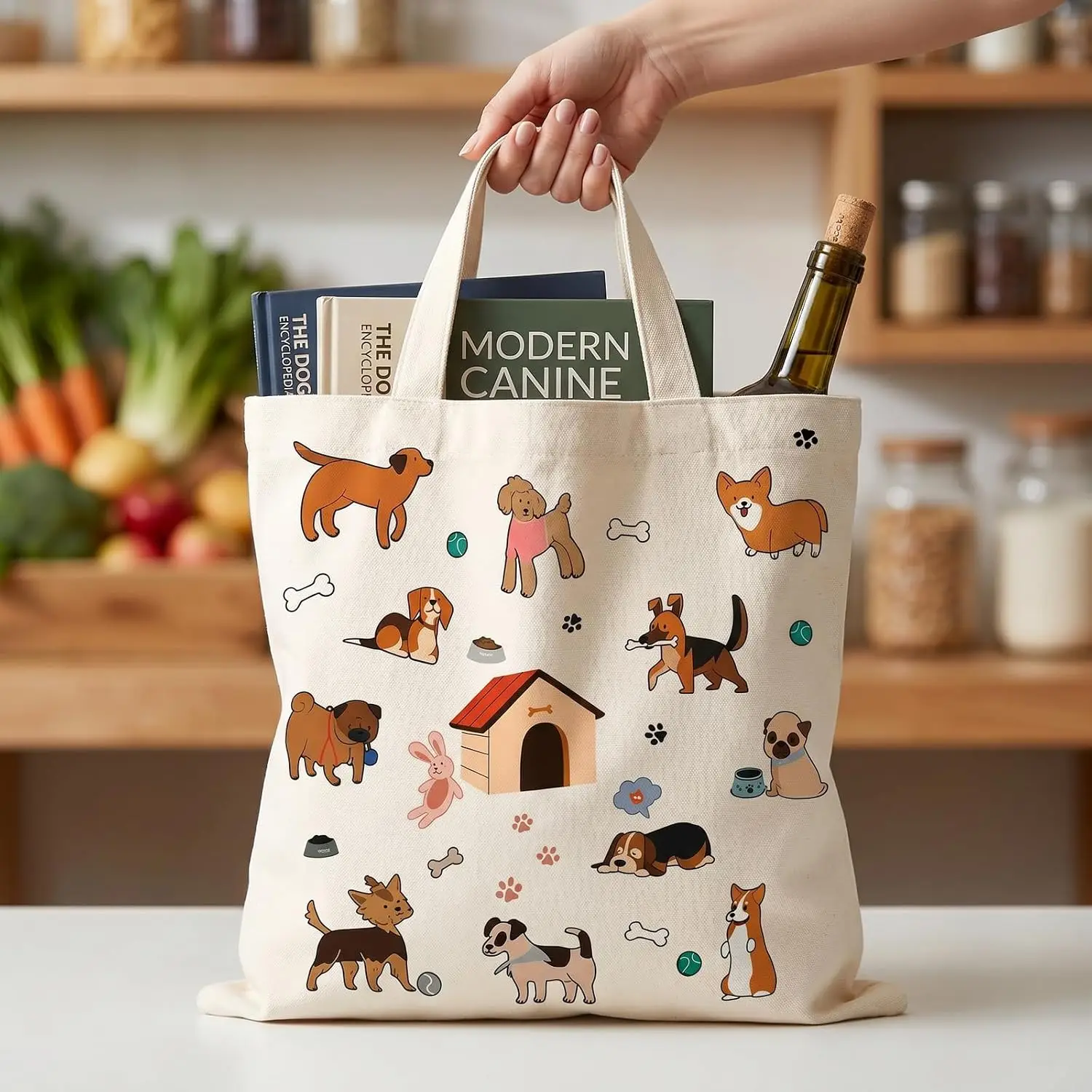 Women S Canvas Bag with Dog Print Beige Cotton Canvas Tote Bag Large Capacity Pocket Reusable Bag for Shopping Beach