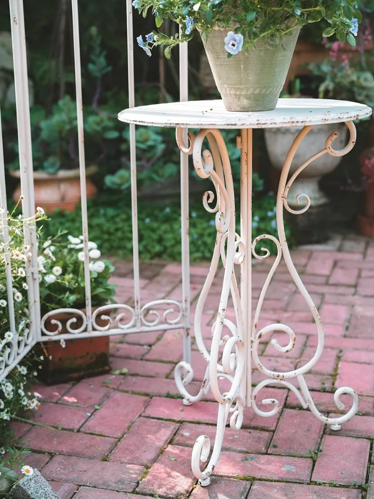 Outdoor old iron round table plant stand courtyard balcony gardening retro small flower table, outdoor furniture Plant Shelves