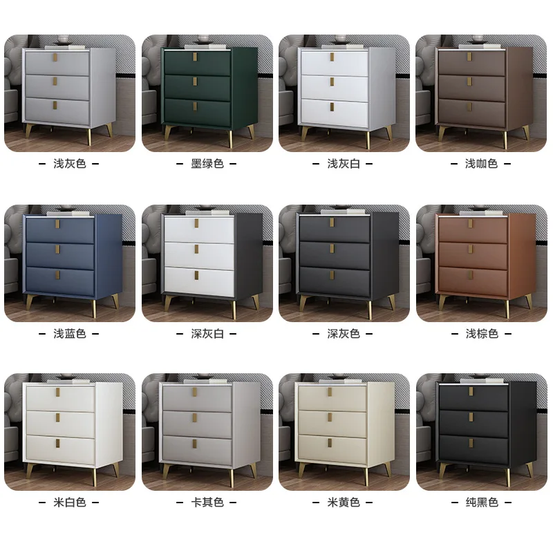 Solid wood bedside table, three-layer drawer 60cm high storage cabinet, leather side cabinet