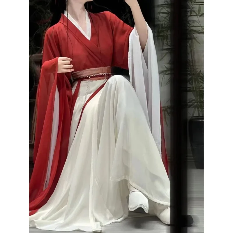 WeiJin musim gugur hijau Dinasti merah kerah silang dicetak lengan besar gaun putri Hanfu setelan gaun Cospaly Oriental wanita