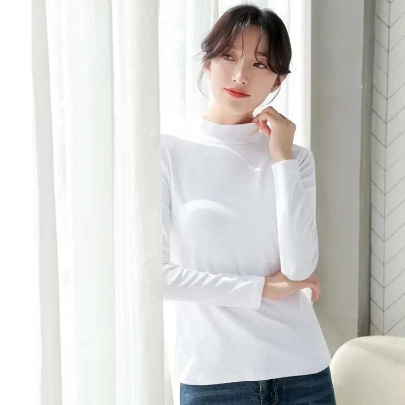 2024 New Half High Collar Pure Cotton Bottomed Shirt Women Autumn Winter Solid Color Top Long Sleeved T-shirt Slimming Trend Tee