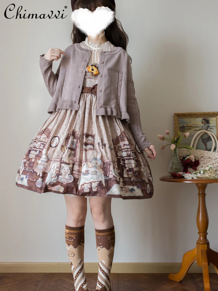 

Модный короткий кардиган в стиле Лолиты с круглым вырезом, осенняя одежда 2024, новый милый вязаный свитер с длинными рукавами в стиле ретро для девочек, милый вязаный свитер для женщин