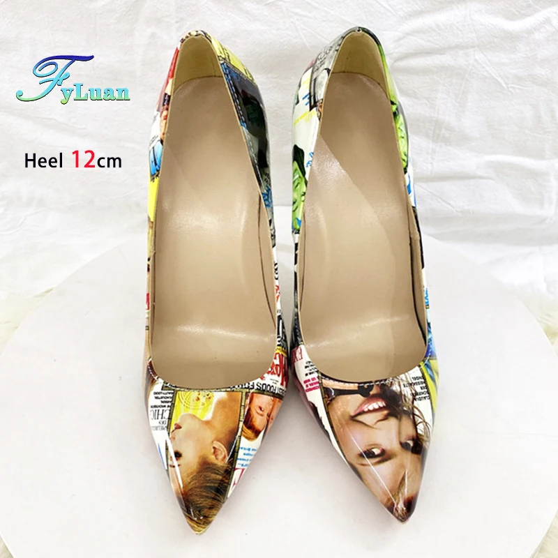 European and American Style Pointed Single Shoes Women 8-12CM Fashion Graffiti High Heels Pumps Trend Lady Shoes Plus Size 45 46