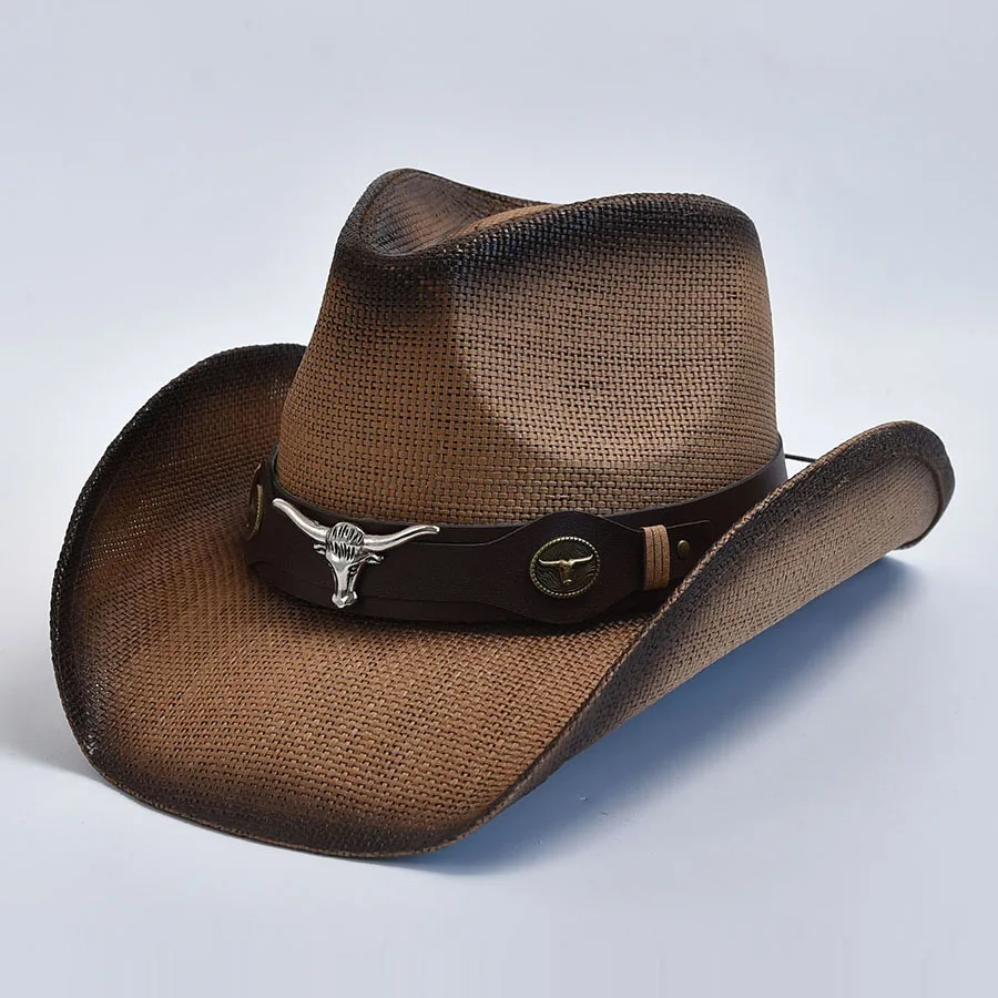 Chapeau de paille épaissi pour hommes et femmes, bord incurvé vintage, chapeau de cowboy occidental, été, plage, soleil