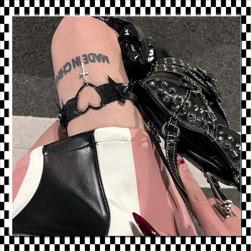 Liguero de encaje Punk para mujer, liguero con lazo de corazón hueco, ligas cruzadas de pierna Lolita, Gargantilla elástica, anillos para pierna, correa, lencería Bondage para Cosplay