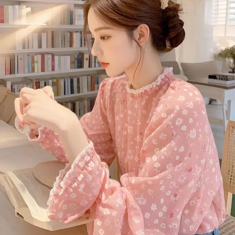 Women Spring Autumn Korean Style Blouses Tops Lady Casual Long Sleeve Round Collar Flower Printed Blusas Elegant Y2K Tops D486
