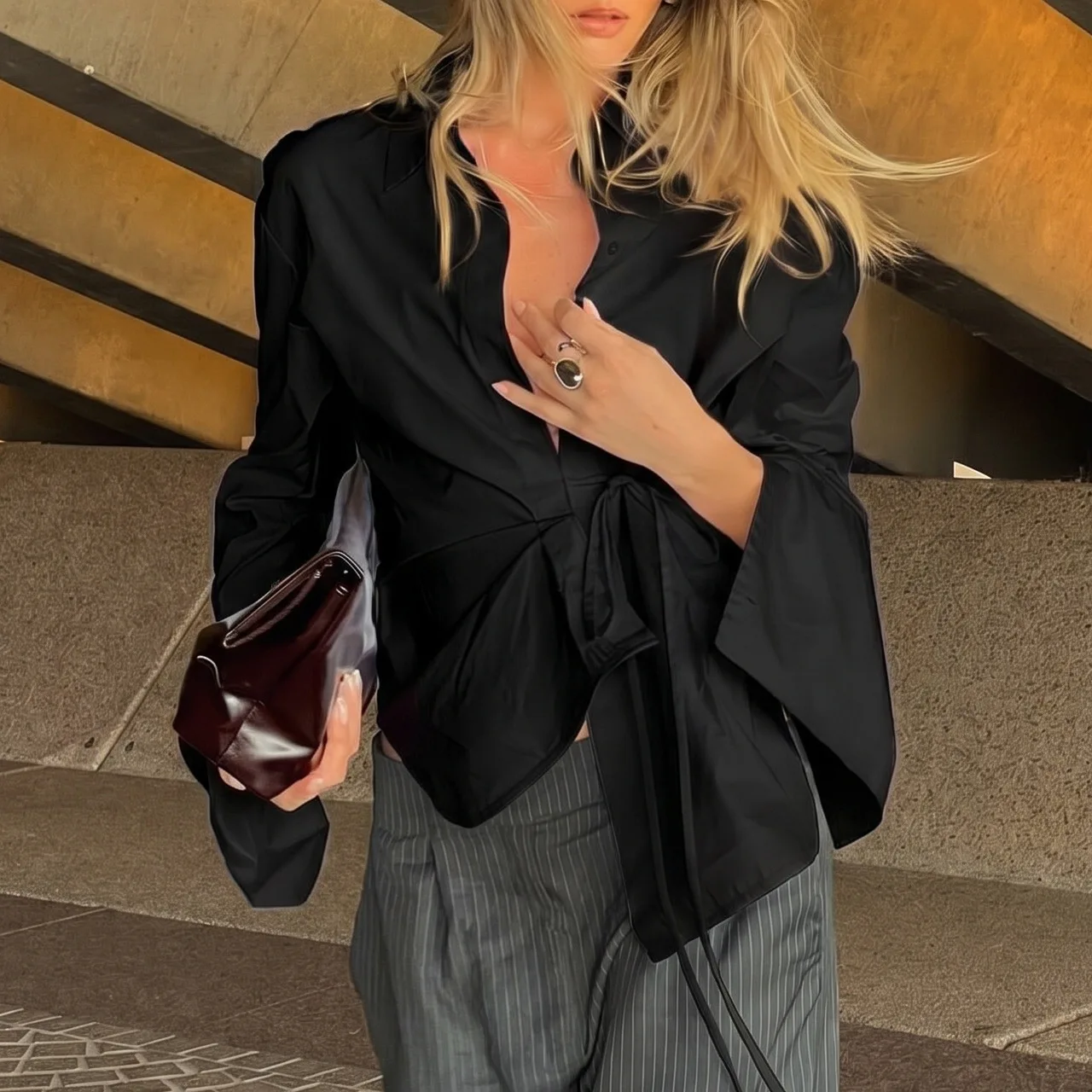 Women's Elegant Cotton Shirt Belted Waist Irregular Hem Long Sleeve Top Button Down V Neck Casual Spring Blouse - view 3