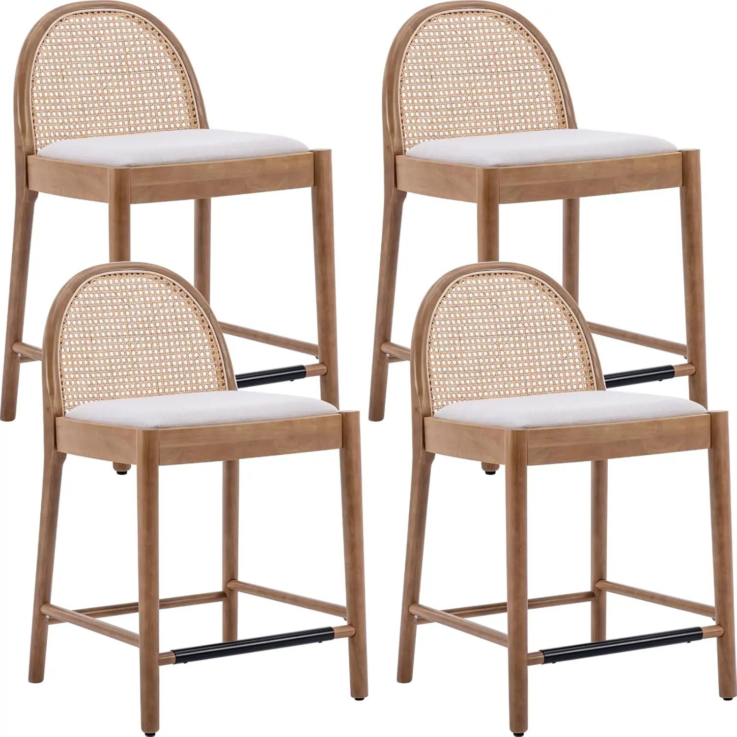 Mid-Century Bar Stools Set of 4, 26 Inch Rattan Back Linen Counter Height Barstools Comfy Upholstered Bar Chairs with Wooden Leg