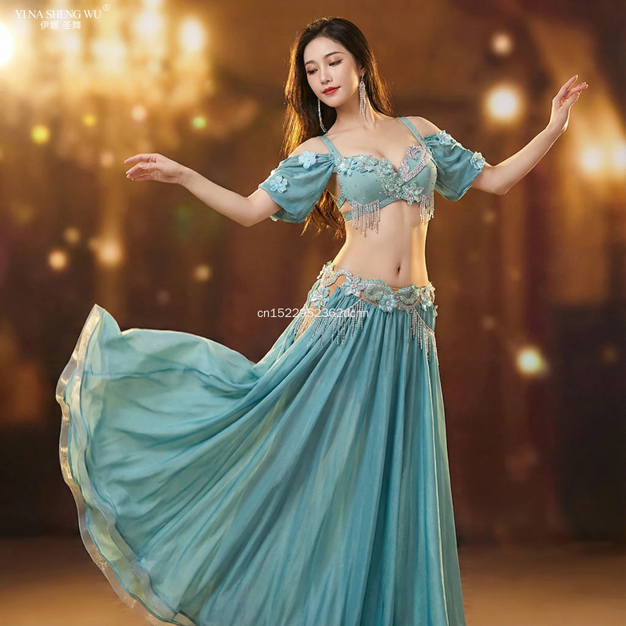 Women's Belly Dance Set with Exquisite Rhinestone Bra And Sexy Split Long Skirt 2pcs Professional Performance Costume