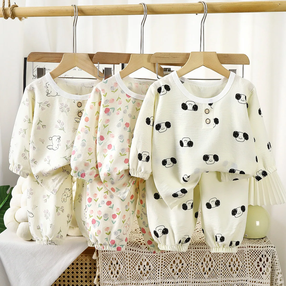 

Kids Summer Thin Pajamas New 2025 Boys Girls Cute Cartoon Print Long Sleeve T-shirt + Pants Sleepwear Baby Casual Clothing Sets