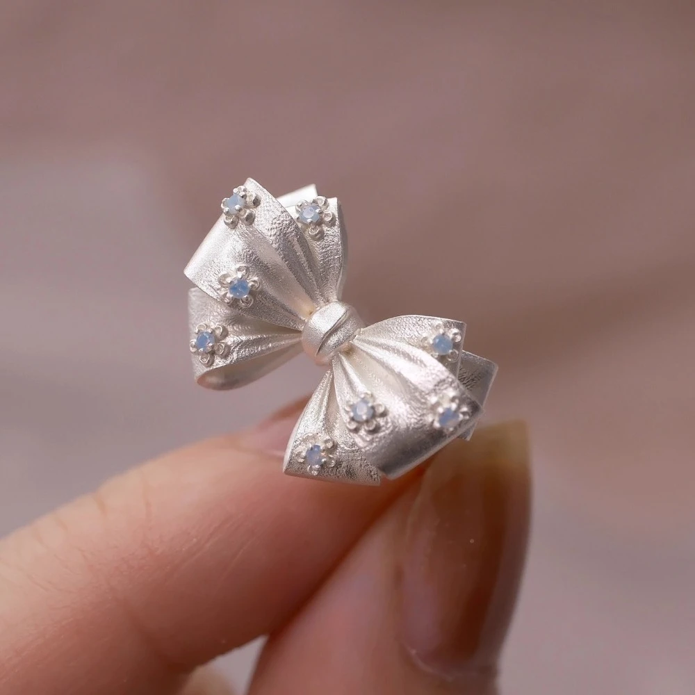 Korean Sweet Matte Silver Stereo Bowknot Inlay Milk Blue Opal Opening Rings for Women Stainless Steel Finger Jewelry Accessories