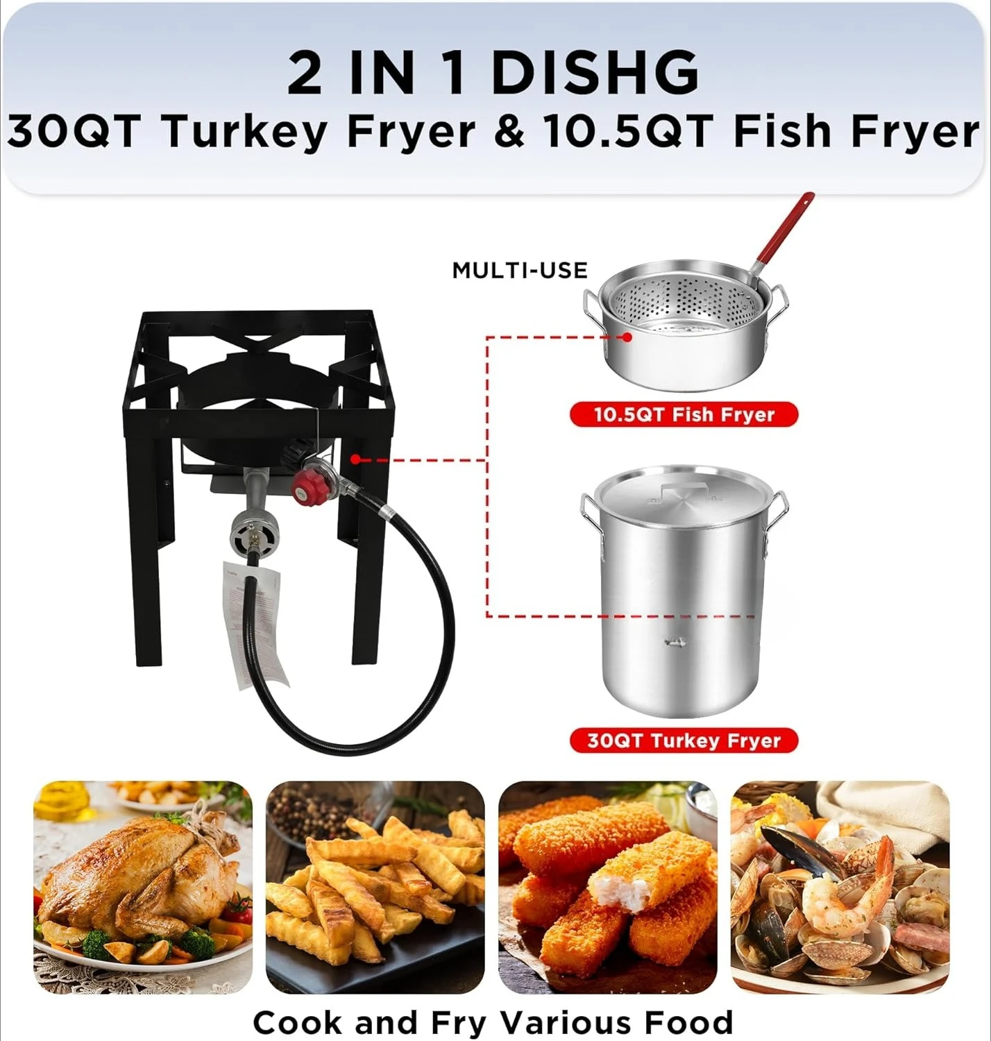 

Outdoor Propane Turkey Deep Fryer Set 30&10 Quart Fish Fryer with Basket, 50,000 BTU Burner, Large Seafood Boiler Kit