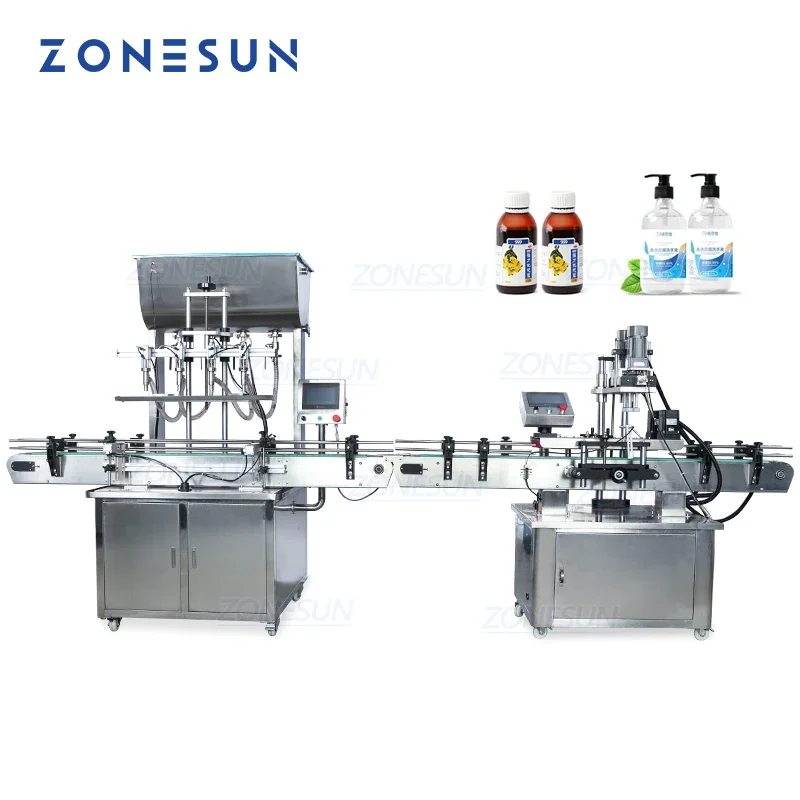 ZONESUN Pneumatic Juice Disinfectant Oil Automatic Honey Plastic Round Bottle Liquid Screw Filling Capping Machine