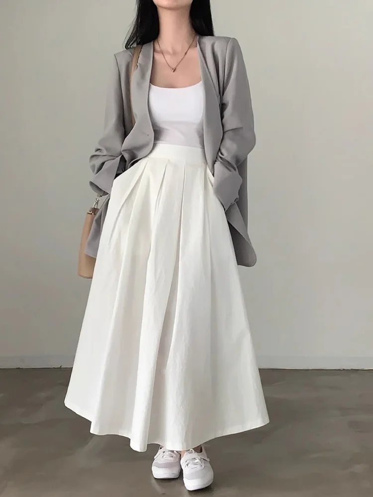 

Korean Sle Chic Simple Mid-Length A-Line Skirt High Waist f Body Skirt Commute Pure Color Loose Fit Summer 2025
