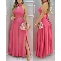 Conjunto de dos piezas rosa para mujer, top corto con cuello halter, falda larga dividida, ideal para fiestas nocturnas, bodas de verano, salidas elegantes