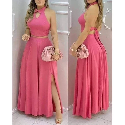 Conjunto de dos piezas rosa para mujer, top corto con cuello halter, falda larga dividida, ideal para fiestas nocturnas, bodas de verano, salidas elegantes