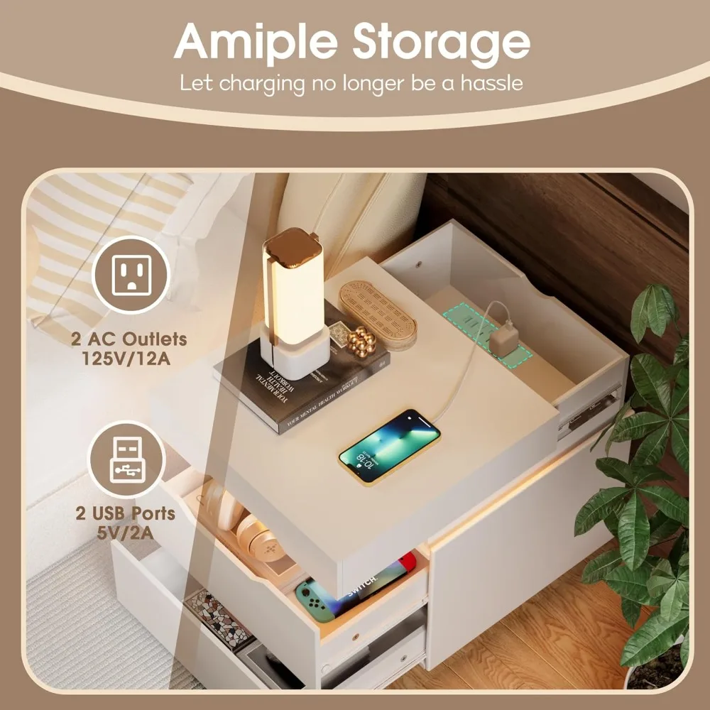 طقم طاولات ليلية مكون من قطعتين مع قاعدة شحن وسطح منزلق، وطاولة جانبية بسعة كبيرة، وطاولة بجانب السرير مع درجين