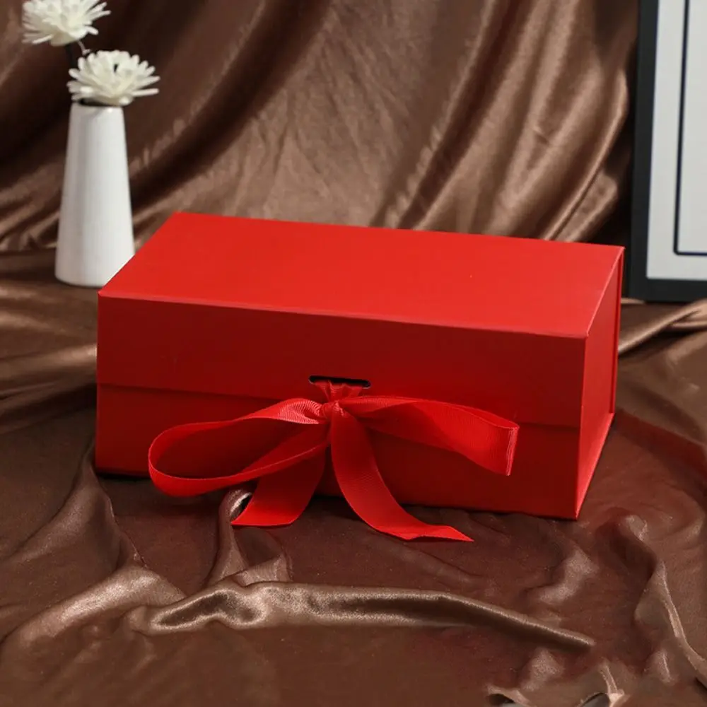 Pure Color Gift Box One-Piece Design Flip Cover Magnetic Closure Box Foldable Ribbon Decoration Gift Packaging Wedding Event