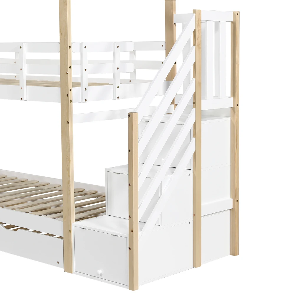 PINGGO Naturweißes Holzhausbett 90x200+90x190cm Kinder-Etagenbett mit Rutsche, Treppe, 3 Schubladen, Sicherheitsgeländer, ohne Matratze – Detail 24