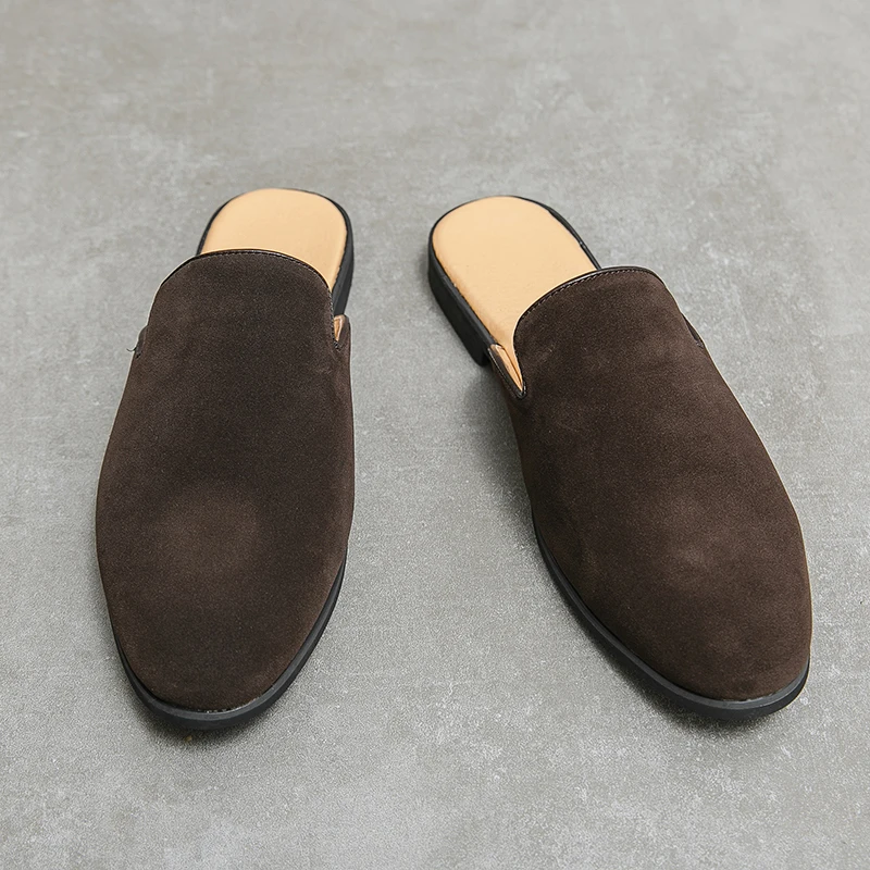 موضة الرجال Recoilless نصف النعال لصيف 2026 متجمد أحذية جلدية بدون كعب شبشب جلد الغزال للرجال Zapatos Casuales