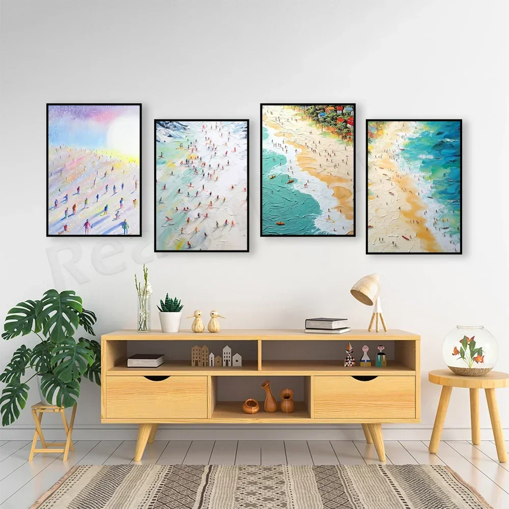 Abstract beach, people on the beach, mexico, miami florida coast art, surfer gift, ski poster, snow mountain ski vacation poster