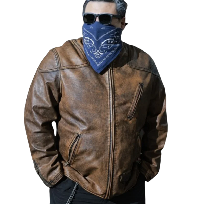 Plus-Size Retro Motorcycle Genuine Leather Jacket Coffee Brown Stand-Collar Vegetable-Tanned Top-Grain Leather Oversize