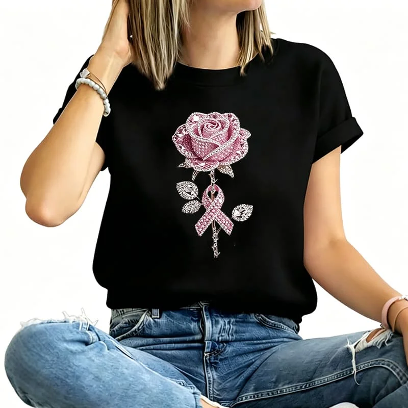 Pink Rose Pink Ribbon Print Design Women's T-Shirt 100% Cotton Funny Graphic Short Sleeve Tee Novelty Shirt Casual Crew Neck Top S-5Xl