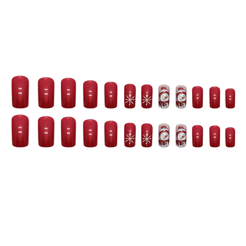 24pcs Aurora Red Christmas Press-On Nails - Snowman & Snowflake Design Long Square False Nails for Holiday Parties