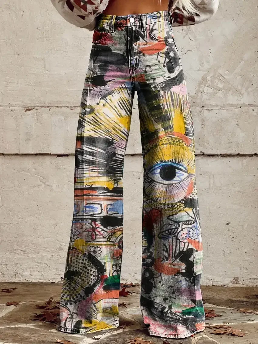 Fashion women wide leg pants with printed art pattern suitable for daily shopping anti-denim casual women wide leg pants