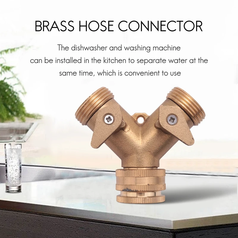 3/4 Inch 2 Way Hose Splitter Brass Y Valve Garden Tap Connector With 2 X3/4 Inch Brass Water Tap Outside Tap Kit