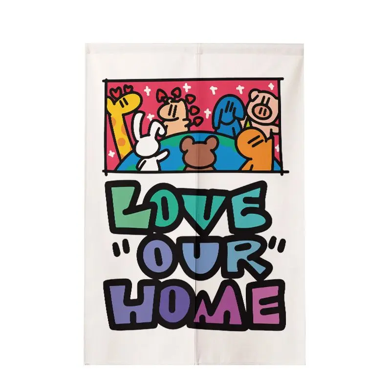 VIKAMA Cartoon Graffiti Love Our Home Door Curtain White Background Animal Earth Giraffe Rabbit Bear Colorful Text Street Art