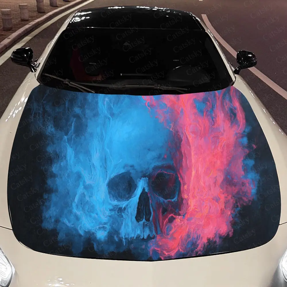 

Colorful Two - Tone Flame Skull Auto Cover Sticker, Waterproof and Self-adhesive Auto Hood Decal, Auto Vinyl Wraps, Cool Car Ext