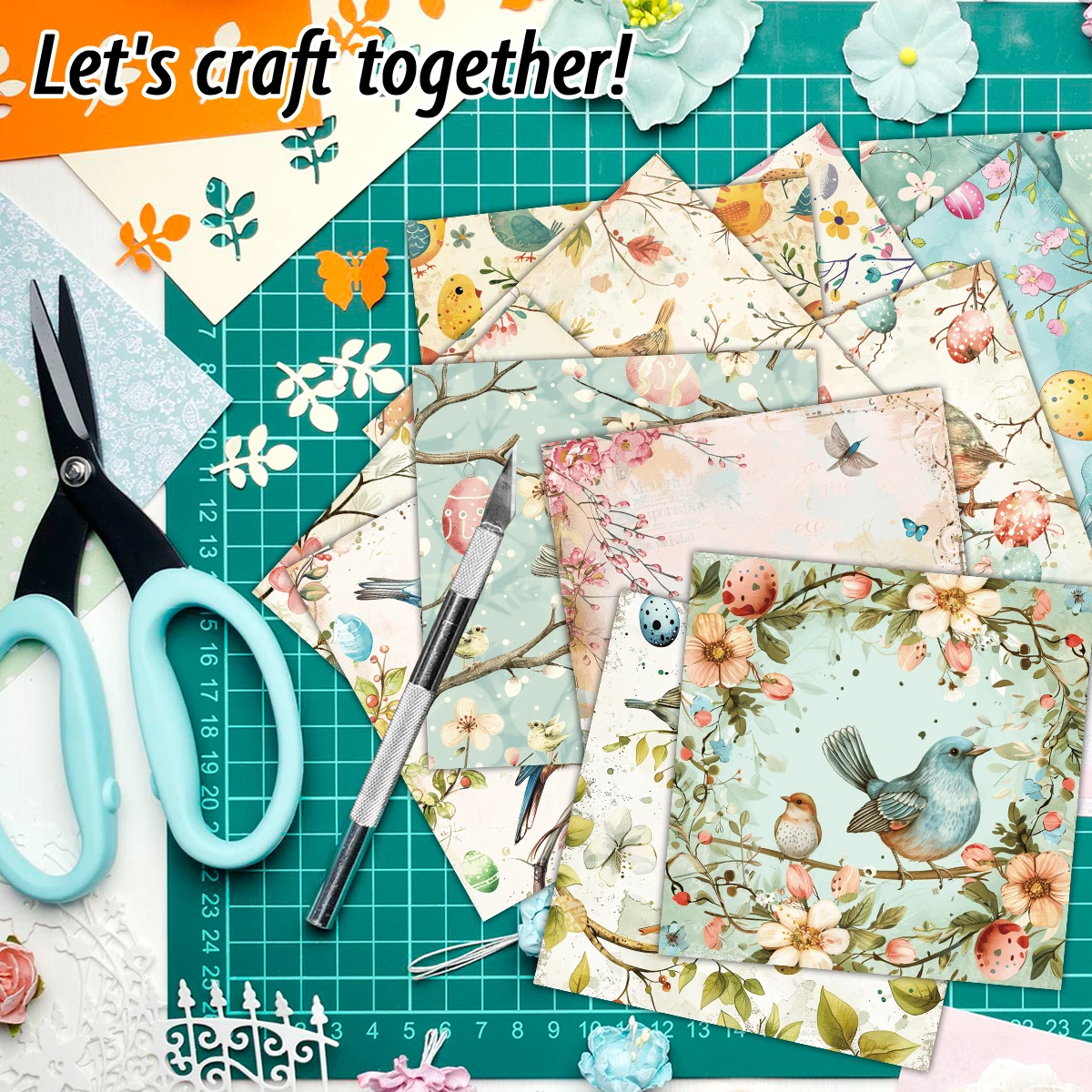 12pcs Easter Chick & Vintage Floral Egg Scrapbook Paper,Single-side Decorative Paper Pad for Card Making,Journaling,DIY Projects