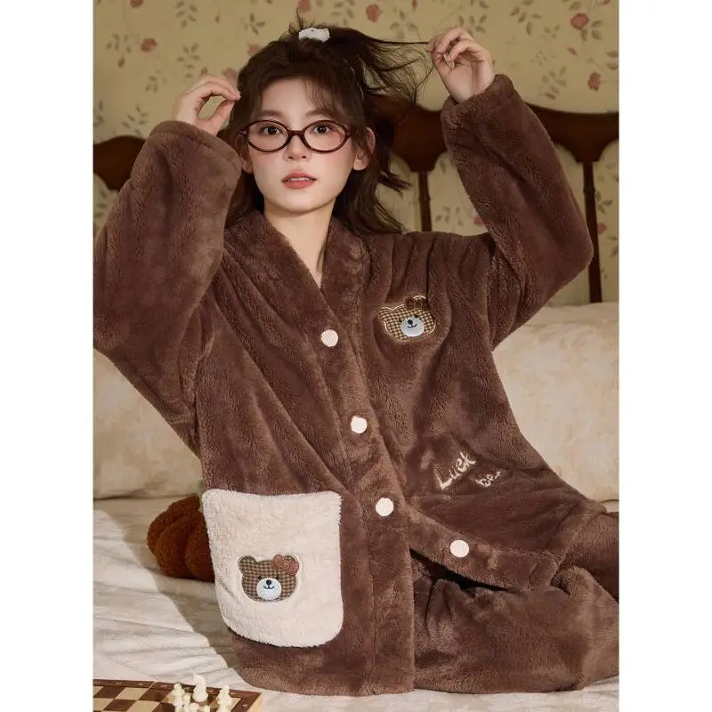 

Kawaii Women's Pajama Set Autumn Winter Fleece-Lined Sleepwear Keep Warm Pj Thicken Cartoon Nightwear Set Coral Fleece Homewear