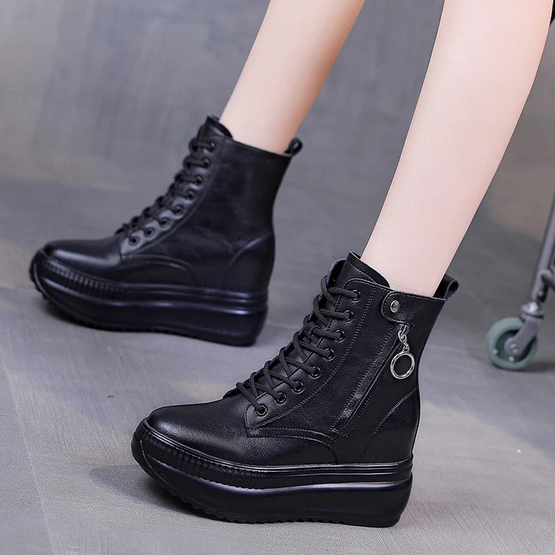 Fujin 8cm New Genuine Leather Platform Wedge Hidden Heel Women Ankle Boots Casual Chunky Sneakers High Heels Spring Autumn Shoes