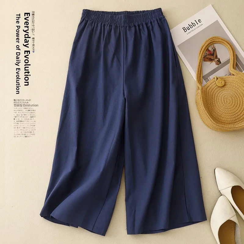 Pantalones de pierna ancha de lino de algodón para mujer, pantalones casuales sueltos de verano para ir al trabajo, pantalones drapeados de lino de siete cinco, pantalones versátiles de ocho puntos...