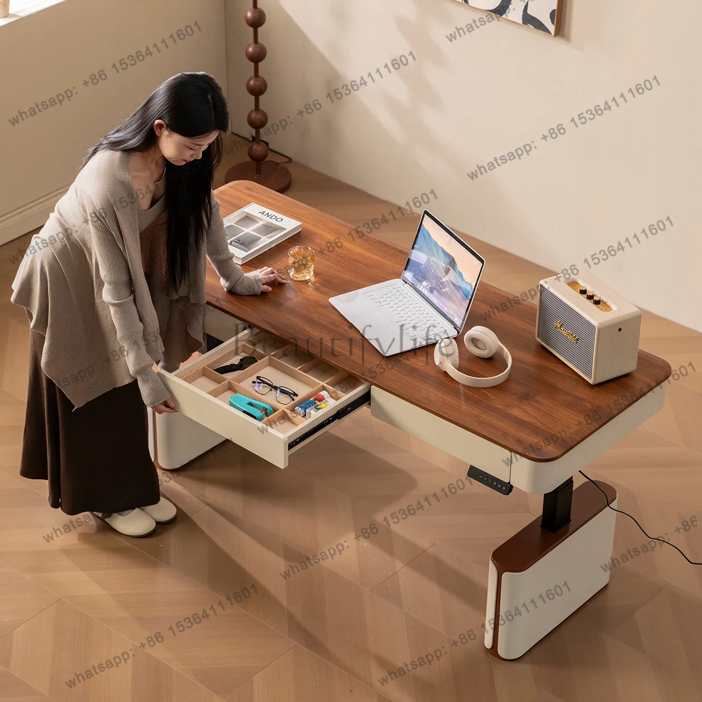 Solid wood antique electric lifting desk household common multi-functional desk