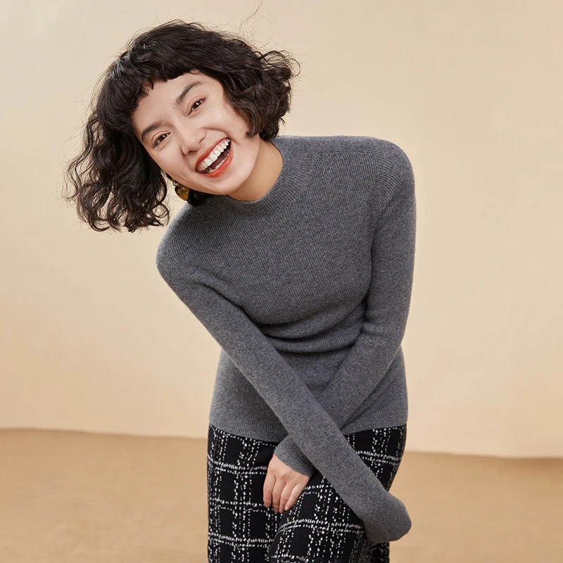 سترة نسائية رقيقة مضلعة من الكشمير بنسبة 35% برقبة وهمية | خمر عارضة الصلبة اللون السترة #6