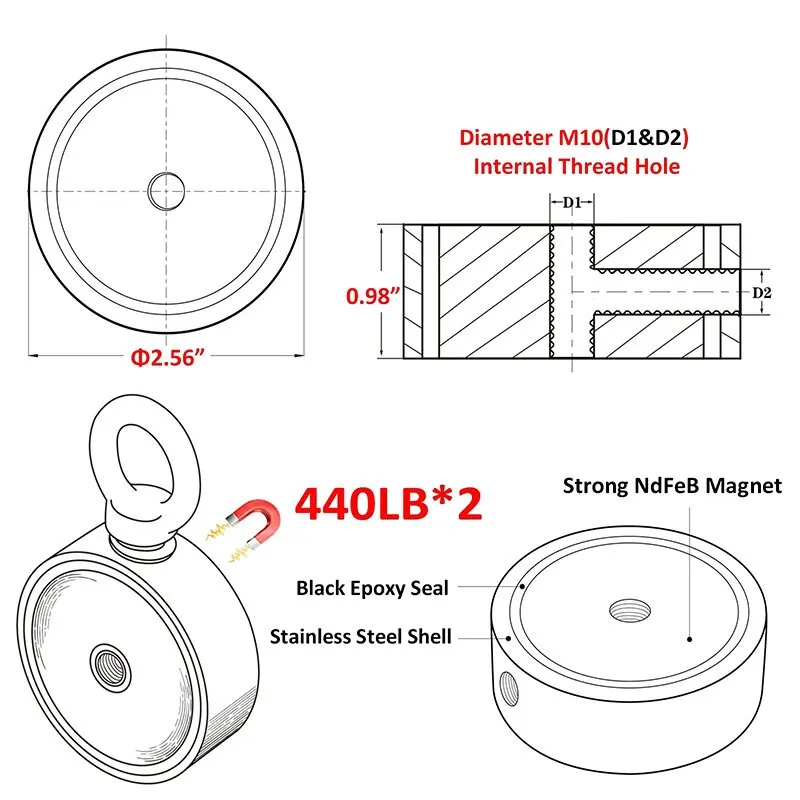 Ímã De Neodímio Forte Lado Duplo Busca Ímã Gancho Super Power Salvage Pesca Magnético D48MM-D74MM Stell Cup Holder