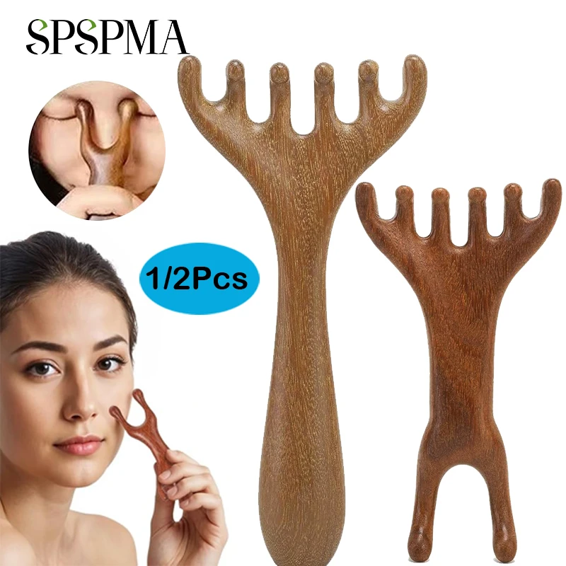 1/2 Uds cabezales de masaje de madera peine Gua Sha, masajeador de cuero cabelludo rascador de cabeza portátil, peines de sándalo de dientes anchos para cuero cabelludo, cuello