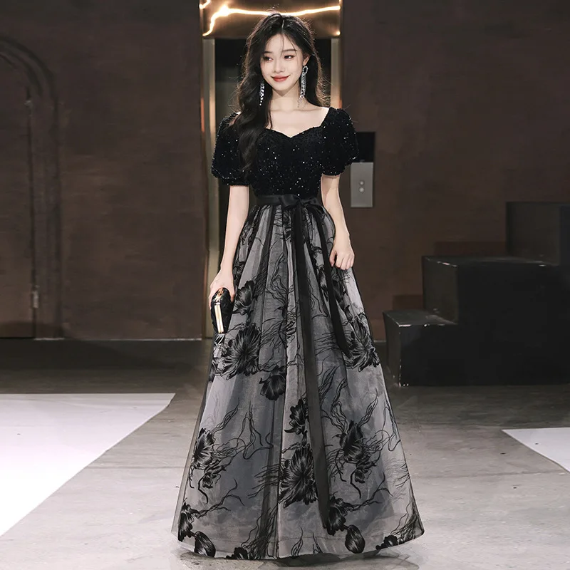 

Black Sequins Evening Dress Floral Print Organza Women Formal Gowns Elegant Banquet Party Long Dress Graduation Gown
