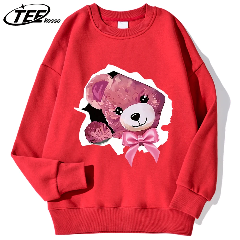 

Толстовка с принтом медведя и розовым бантом, мужские модные осенние пуловеры, повседневная одежда, флисовая свободная одежда унисекс с длинными рукавами