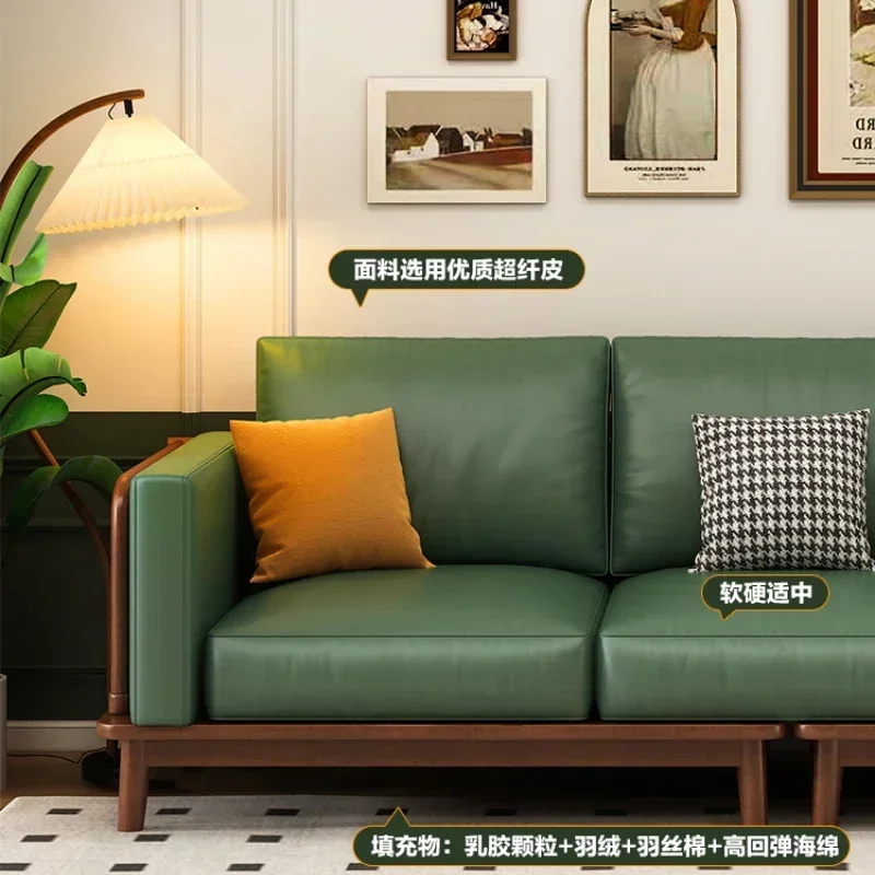 Small Apartment Three-Seat Wood Wooden Standard American Light Luxury Living Room Leather Sofa Furniture