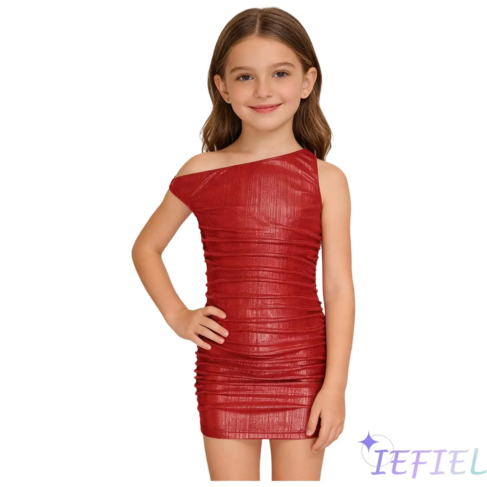 

Kids Girls Elegant Party Pageant Dress with Side Ruched Details And Off Shoulder Design Metallic Bodycon Mini Dress