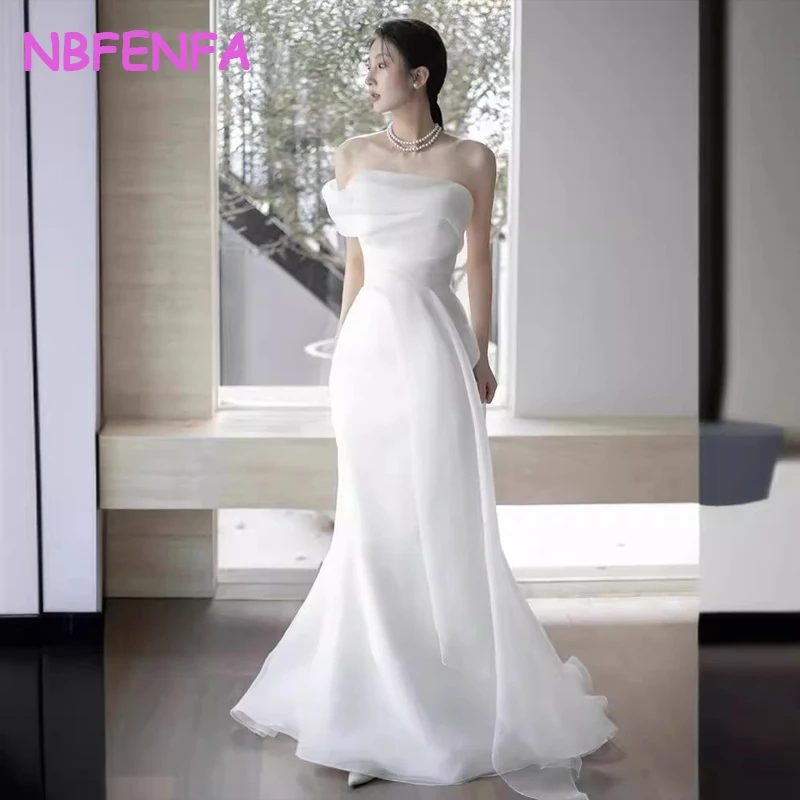 Elegante fora do ombro coreia uma linha vestidos de casamento em camadas organza vestido de noiva fotos personalizadas sessão plissado vestido de festa de noiva